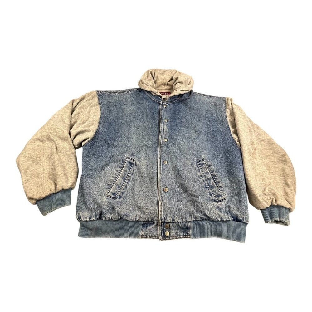 Basic Bomber Jean Trucker Jacket Men's XL Blue Denim Hooded Snap Button RN 90163